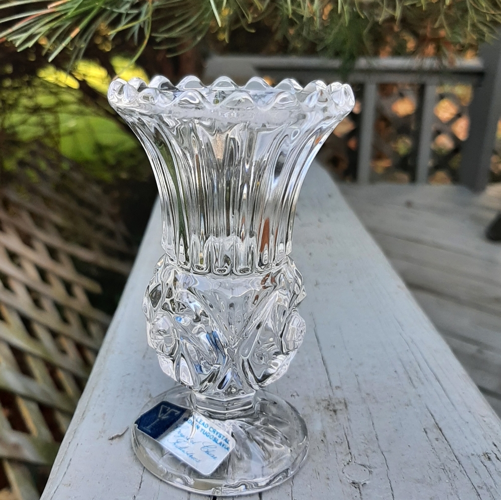 Vintage Crystal Clear Industries Footed Pinwheel Star of David Mini Bud Vase
